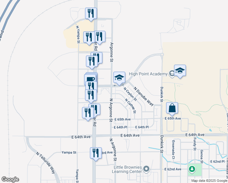 map of restaurants, bars, coffee shops, grocery stores, and more near 18731 66th Place in Denver