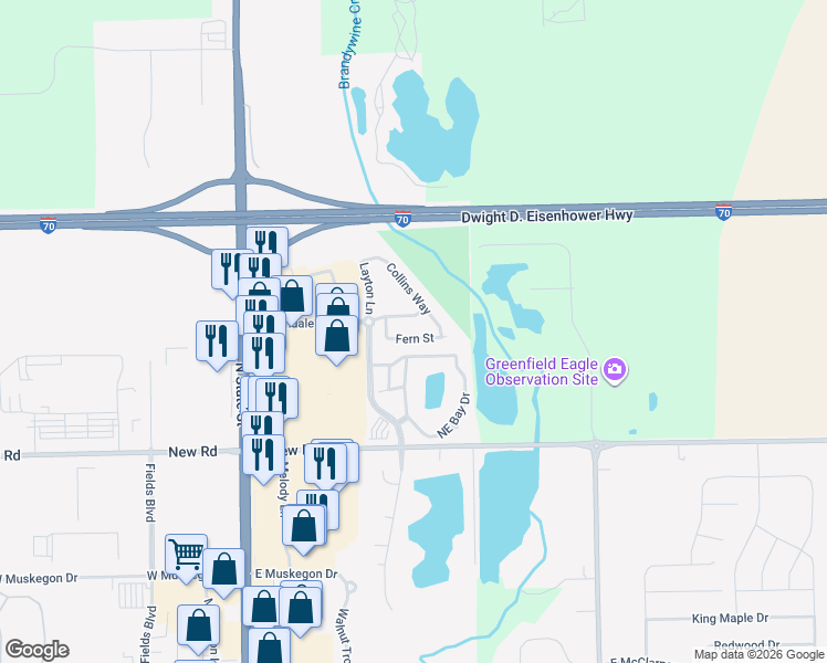 map of restaurants, bars, coffee shops, grocery stores, and more near 668 Fern Street in Greenfield
