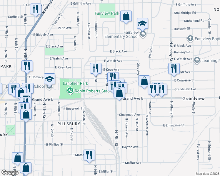 map of restaurants, bars, coffee shops, grocery stores, and more near 1720 East Cummins Avenue in Springfield