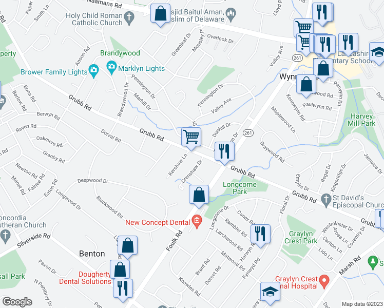 map of restaurants, bars, coffee shops, grocery stores, and more near 2550 Grubb Road in Wilmington