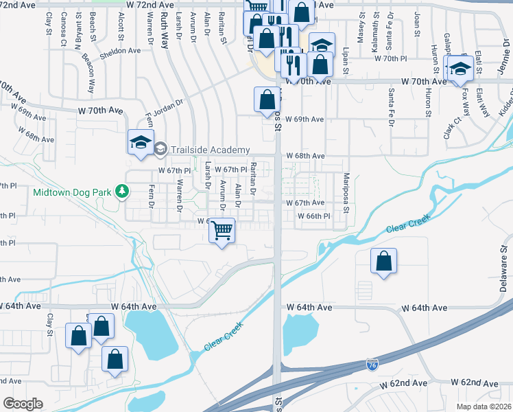 map of restaurants, bars, coffee shops, grocery stores, and more near 1712 West 67th Avenue in Denver