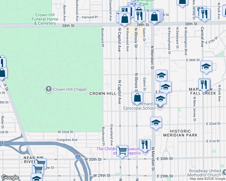 map of restaurants, bars, coffee shops, grocery stores, and more near 3410 Graceland Avenue in Indianapolis
