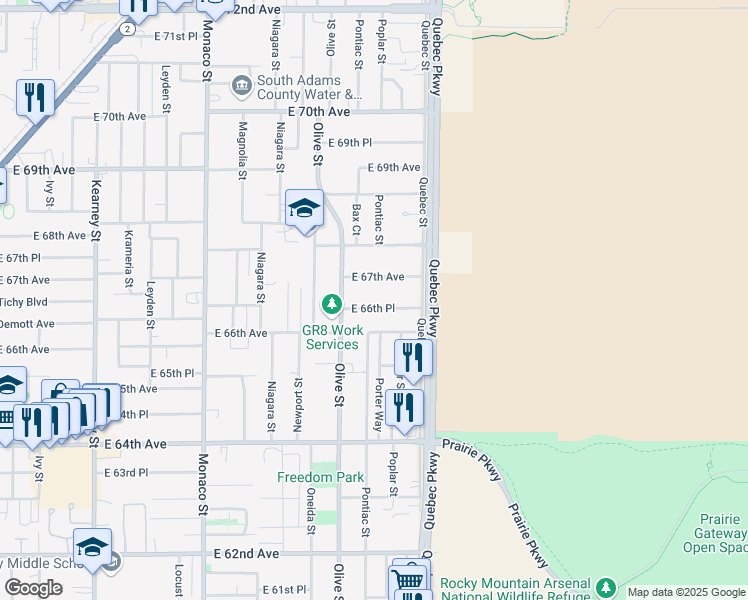map of restaurants, bars, coffee shops, grocery stores, and more near 7111 East 66th Place in Commerce City
