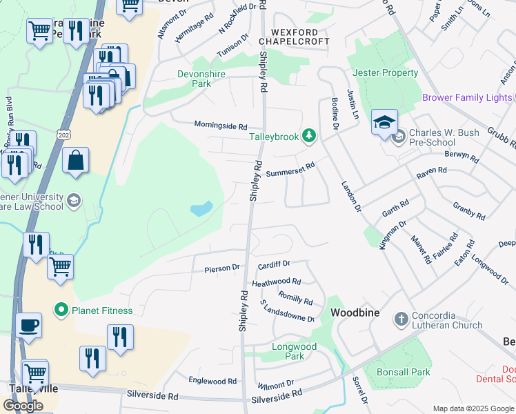 map of restaurants, bars, coffee shops, grocery stores, and more near 2808 Shipley Road in Wilmington