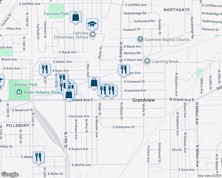 map of restaurants, bars, coffee shops, grocery stores, and more near 2131 Grandview Avenue in Grandview
