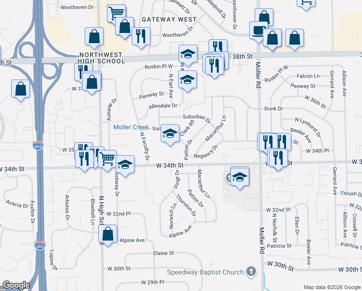 map of restaurants, bars, coffee shops, grocery stores, and more near 6000 West 34th Street in Indianapolis