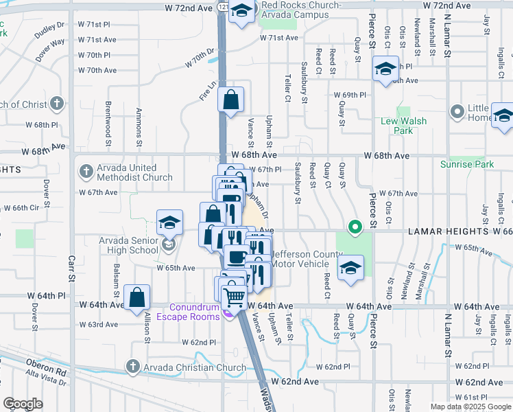 map of restaurants, bars, coffee shops, grocery stores, and more near 6631 Upham Drive in Arvada