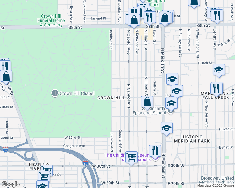 map of restaurants, bars, coffee shops, grocery stores, and more near 3410 Graceland Avenue in Indianapolis