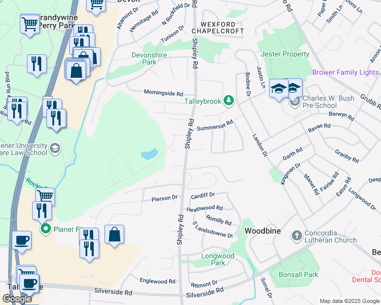 map of restaurants, bars, coffee shops, grocery stores, and more near 2808 Shipley Road in Wilmington
