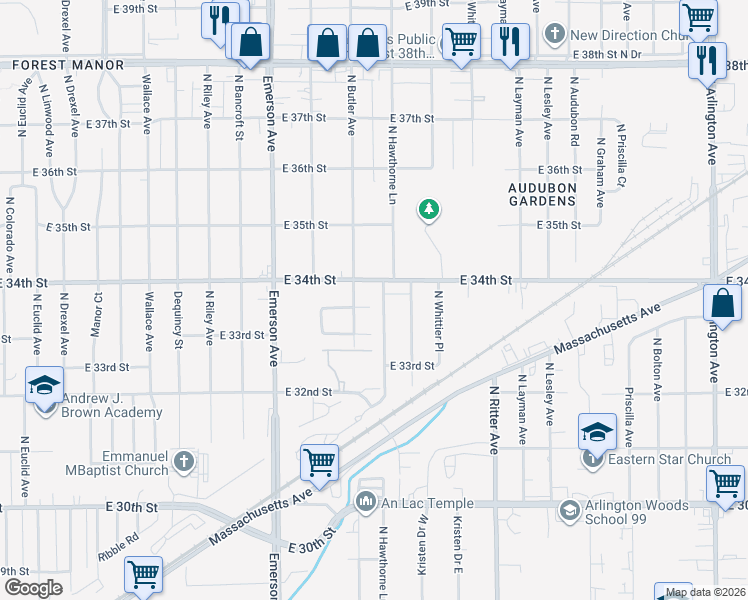 map of restaurants, bars, coffee shops, grocery stores, and more near 5326 Winston Place in Indianapolis