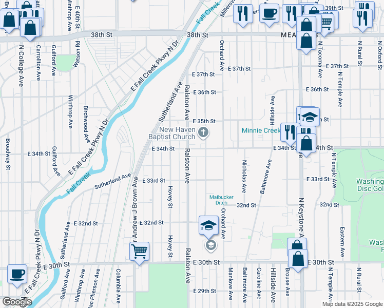 map of restaurants, bars, coffee shops, grocery stores, and more near 3348 Ralston Avenue in Indianapolis