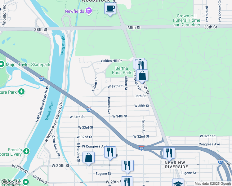 map of restaurants, bars, coffee shops, grocery stores, and more near 1156 36th Street in Indianapolis
