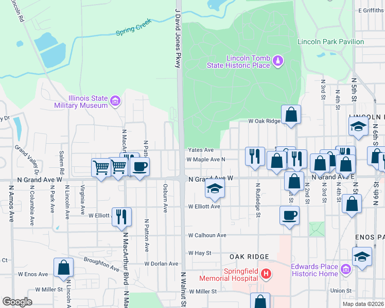map of restaurants, bars, coffee shops, grocery stores, and more near 605 West Maple Avenue North in Springfield