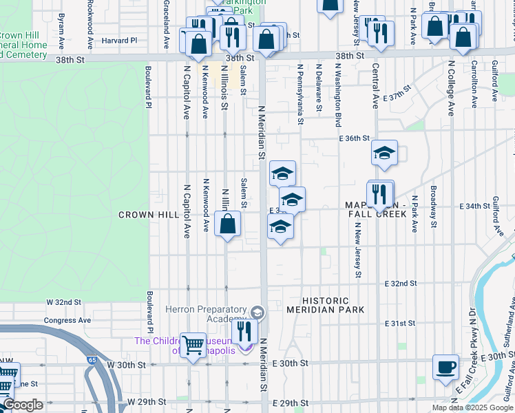 map of restaurants, bars, coffee shops, grocery stores, and more near 3402 North Meridian Street in Indianapolis