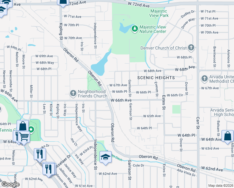 map of restaurants, bars, coffee shops, grocery stores, and more near 9324 West 66th Place in Arvada