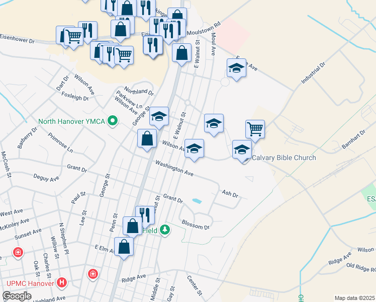 map of restaurants, bars, coffee shops, grocery stores, and more near 401 Moul Avenue in Hanover