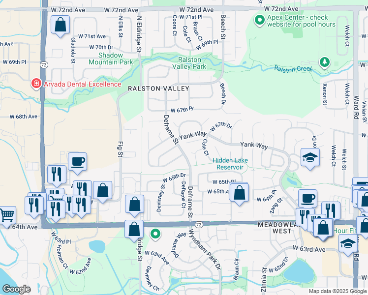 map of restaurants, bars, coffee shops, grocery stores, and more near 13803 West 66th Way in Arvada