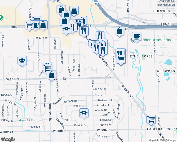 map of restaurants, bars, coffee shops, grocery stores, and more near 3417 North Rybolt Avenue in Indianapolis