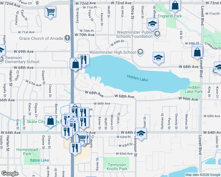 map of restaurants, bars, coffee shops, grocery stores, and more near 6855 Winona Street in Westminster