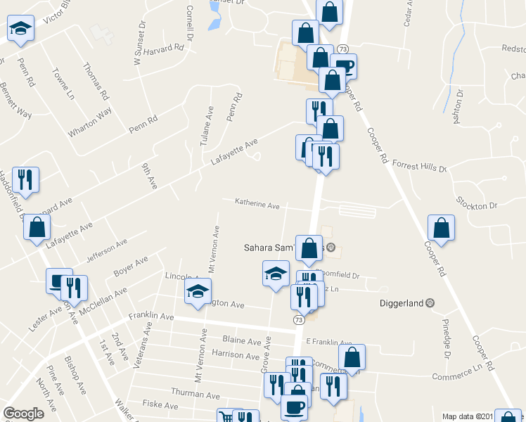 map of restaurants, bars, coffee shops, grocery stores, and more near 374 Katherine Avenue in West Berlin