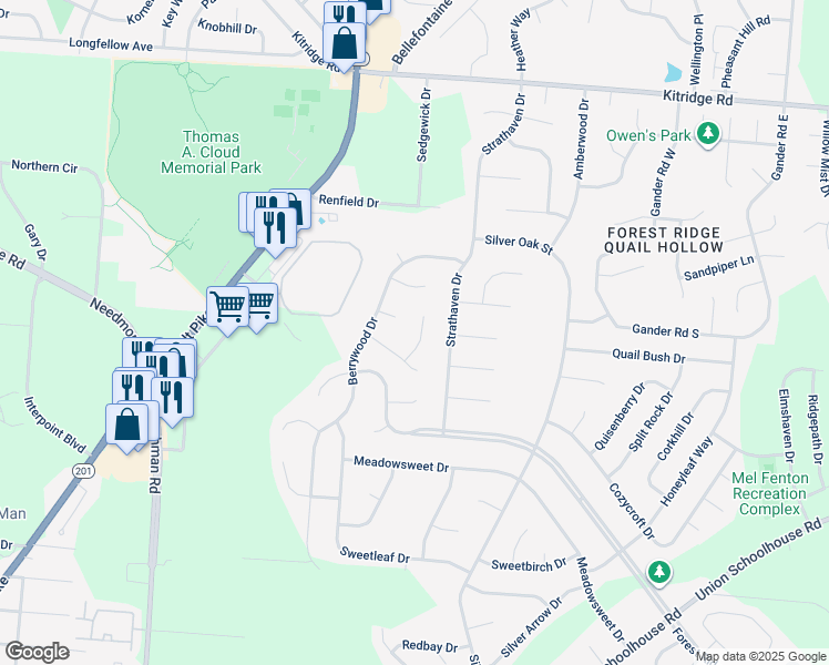 map of restaurants, bars, coffee shops, grocery stores, and more near 4529 Larch Tree Court in Dayton
