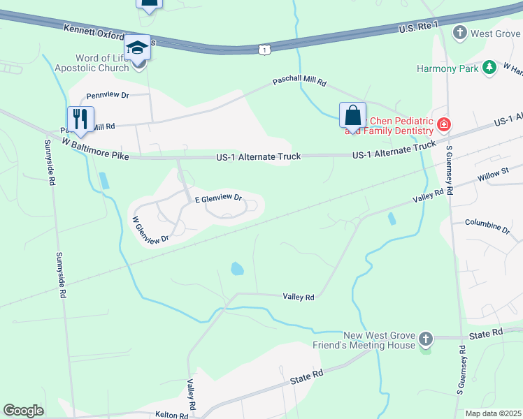 map of restaurants, bars, coffee shops, grocery stores, and more near 519 Westview Court in West Grove