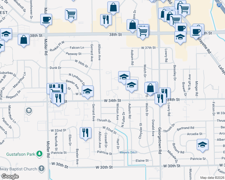 map of restaurants, bars, coffee shops, grocery stores, and more near 5011 35th Terrace West in Indianapolis