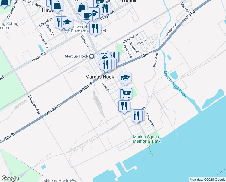 map of restaurants, bars, coffee shops, grocery stores, and more near 801 Green Street in Marcus Hook