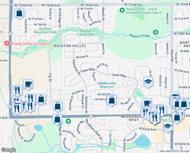map of restaurants, bars, coffee shops, grocery stores, and more near 6625 Cole Court in Arvada