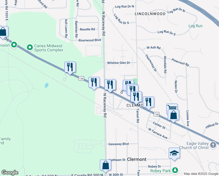 map of restaurants, bars, coffee shops, grocery stores, and more near 9242 Crawfordsville Road in Indianapolis