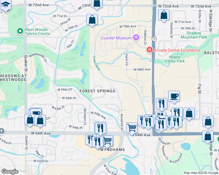 map of restaurants, bars, coffee shops, grocery stores, and more near 6689 Kendrick Drive in Arvada