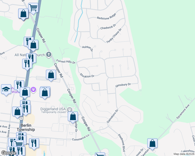 map of restaurants, bars, coffee shops, grocery stores, and more near 23 Stockton Drive in Voorhees Township