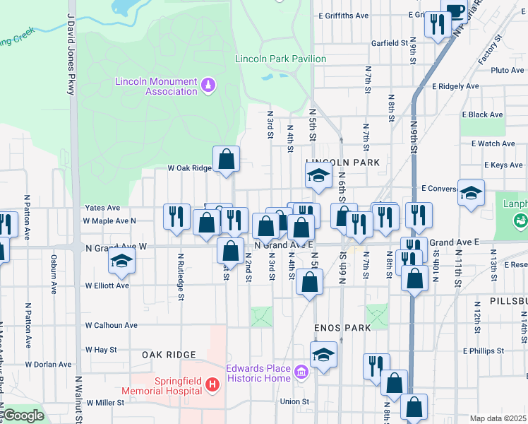 map of restaurants, bars, coffee shops, grocery stores, and more near 1317 North 3rd Street in Springfield