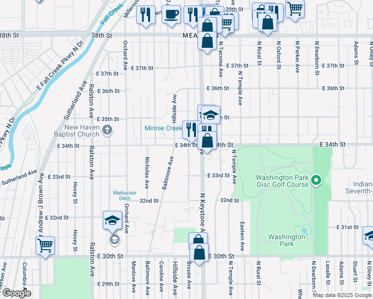 map of restaurants, bars, coffee shops, grocery stores, and more near 3347 Brouse Avenue in Indianapolis