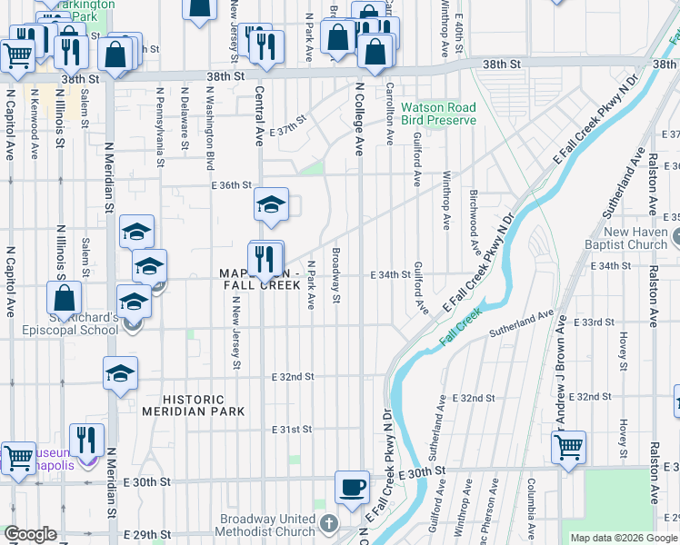 map of restaurants, bars, coffee shops, grocery stores, and more near 3370 Broadway Street in Indianapolis