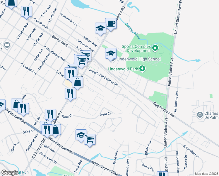 map of restaurants, bars, coffee shops, grocery stores, and more near 2305 Arborwood in Lindenwold