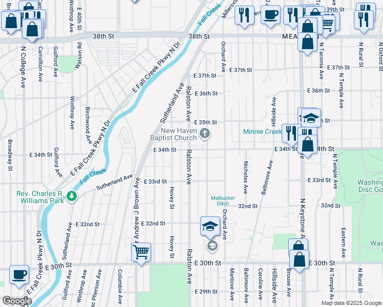 map of restaurants, bars, coffee shops, grocery stores, and more near 1703 East 34th Street in Indianapolis