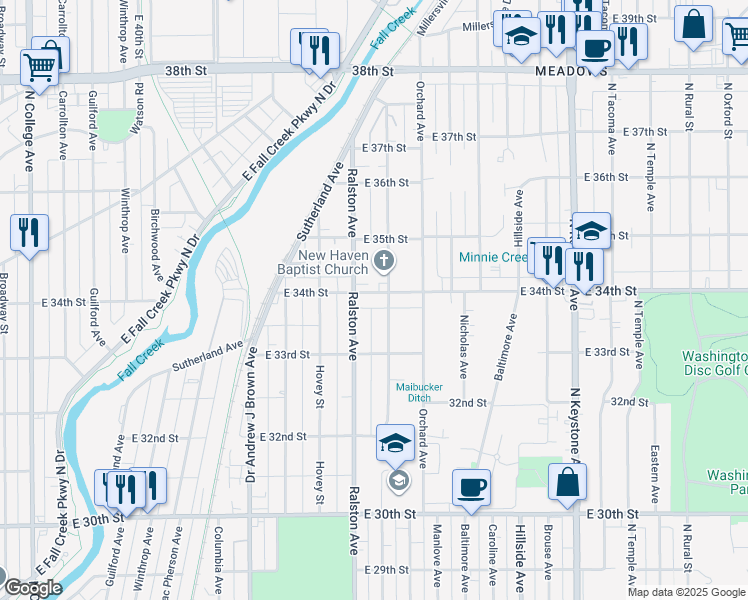 map of restaurants, bars, coffee shops, grocery stores, and more near 3352 Schofield Avenue in Indianapolis