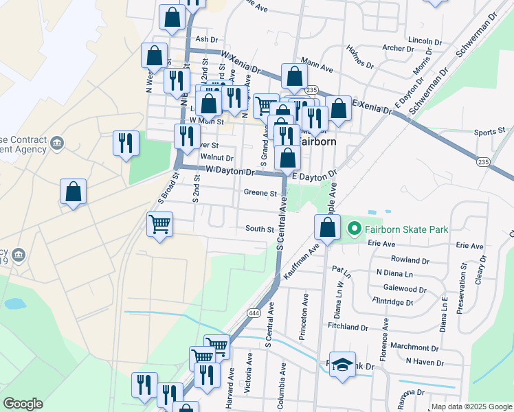 map of restaurants, bars, coffee shops, grocery stores, and more near 105 Ohio Street in Fairborn
