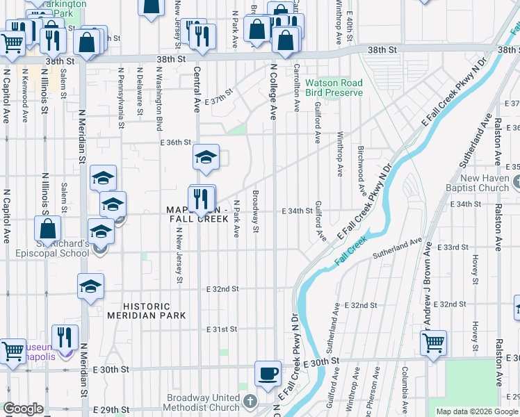 map of restaurants, bars, coffee shops, grocery stores, and more near 3370 Broadway Street in Indianapolis