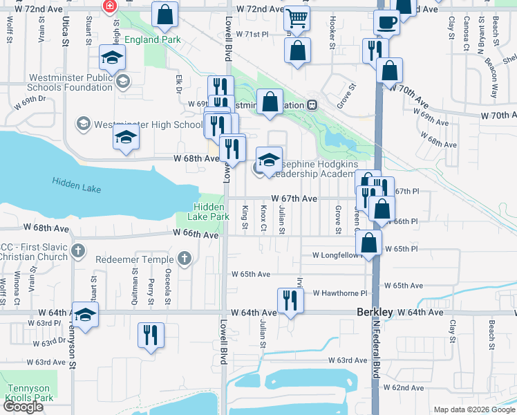 map of restaurants, bars, coffee shops, grocery stores, and more near 6650 King Street in Denver