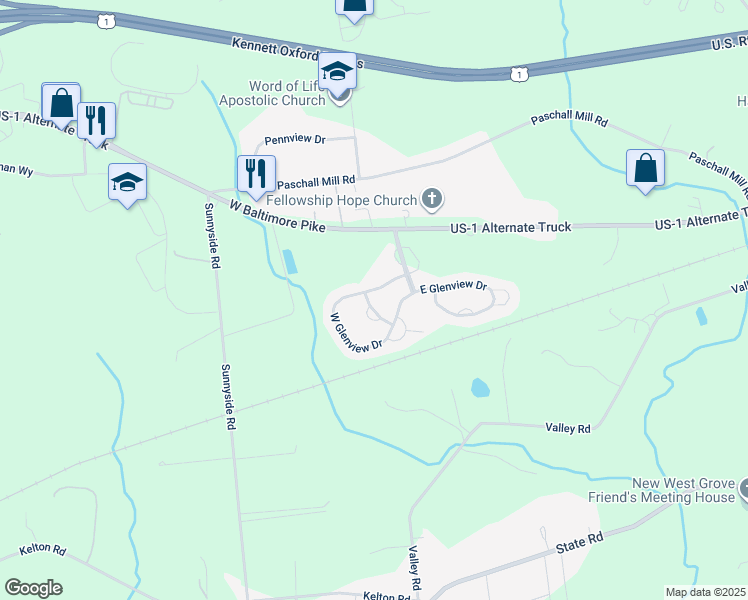 map of restaurants, bars, coffee shops, grocery stores, and more near 903 Pheasant Way in West Grove