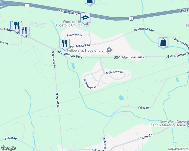 map of restaurants, bars, coffee shops, grocery stores, and more near 903 Pheasant Way in West Grove