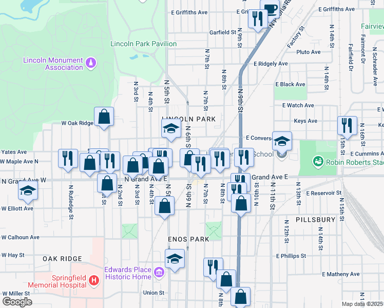 map of restaurants, bars, coffee shops, grocery stores, and more near 1316 North 6th Street in Springfield