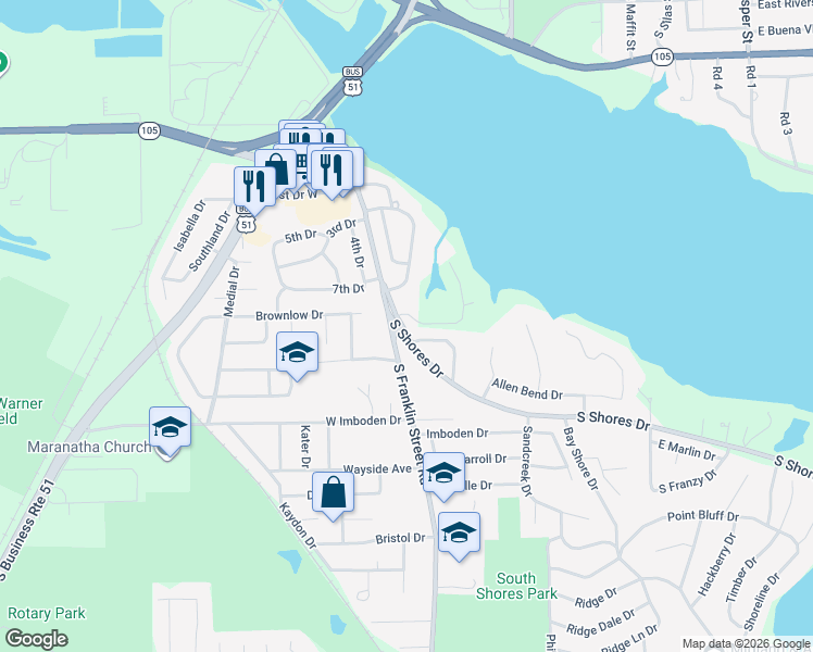 map of restaurants, bars, coffee shops, grocery stores, and more near 2 South Shores Drive in Decatur