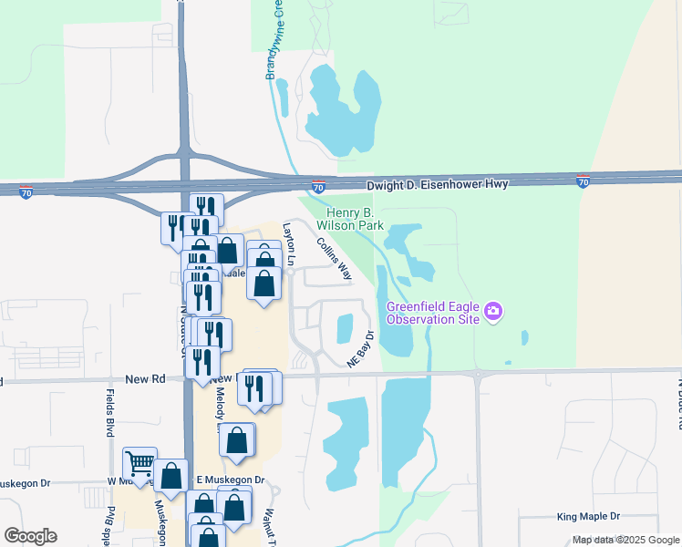 map of restaurants, bars, coffee shops, grocery stores, and more near 2242 Collins Way in Greenfield