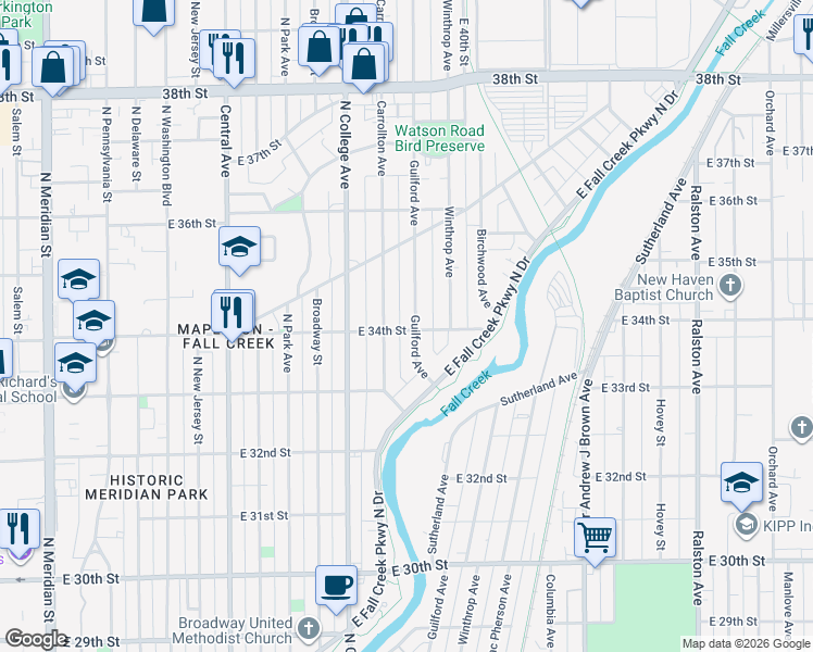 map of restaurants, bars, coffee shops, grocery stores, and more near 3351 Guilford Avenue in Indianapolis
