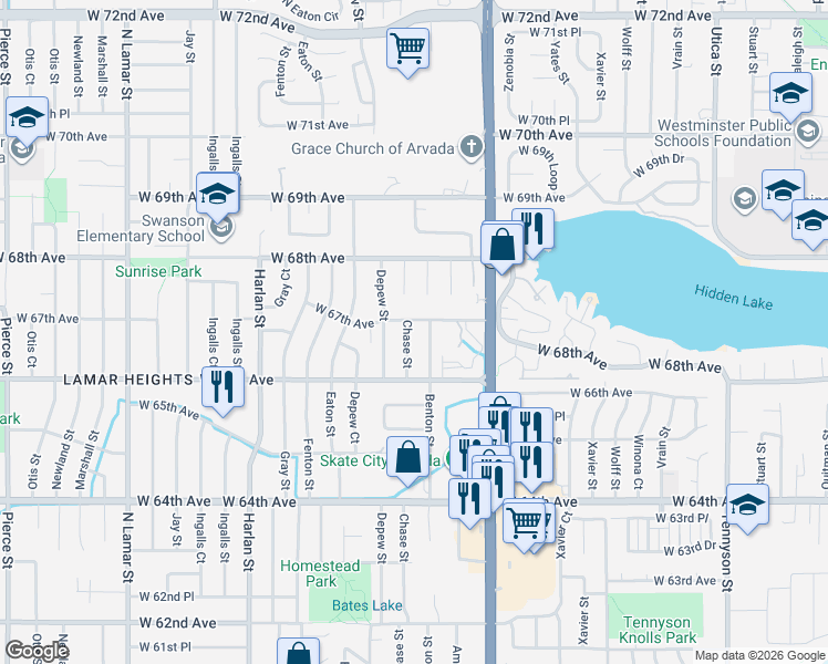 map of restaurants, bars, coffee shops, grocery stores, and more near 6668 Chase Street in Arvada