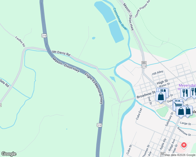 map of restaurants, bars, coffee shops, grocery stores, and more near Flight 93 Memorial Highway in Meyersdale