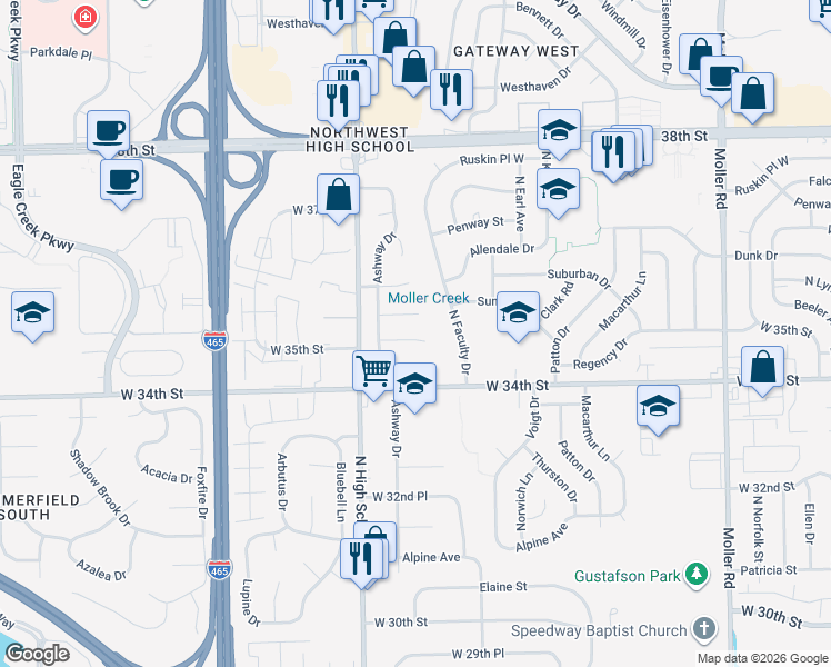 map of restaurants, bars, coffee shops, grocery stores, and more near 6120 Promenade Court in Indianapolis